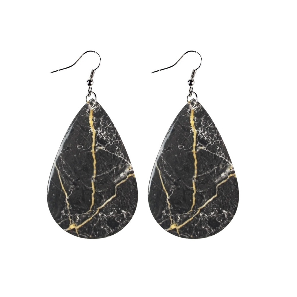 Black Marble Teardrop PU Earrings – Lightweight 3"x1.15" Dangle – Each Pair Uniq